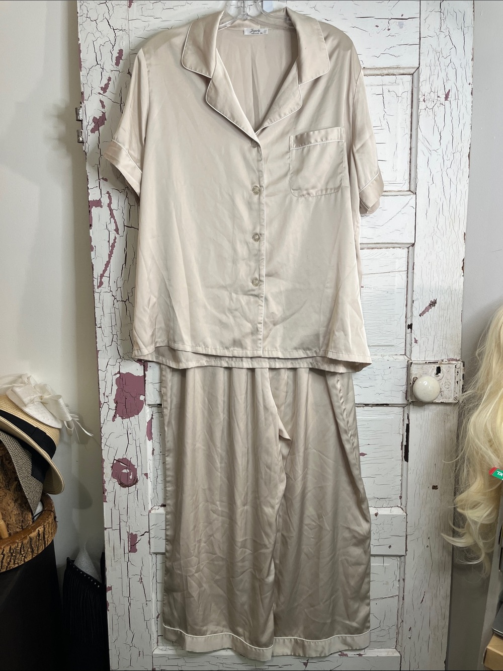 JOYARJA Cream Satin Short Sleeve Pajama Set IN 2XL
